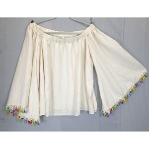 Shein Curve Bell Sleeve Tassel Trim Off Shoulder Top Women 1XL Beige Blouse Boho